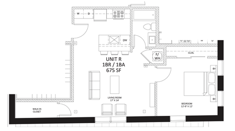 Floor plan for 1 bed, 1 bath